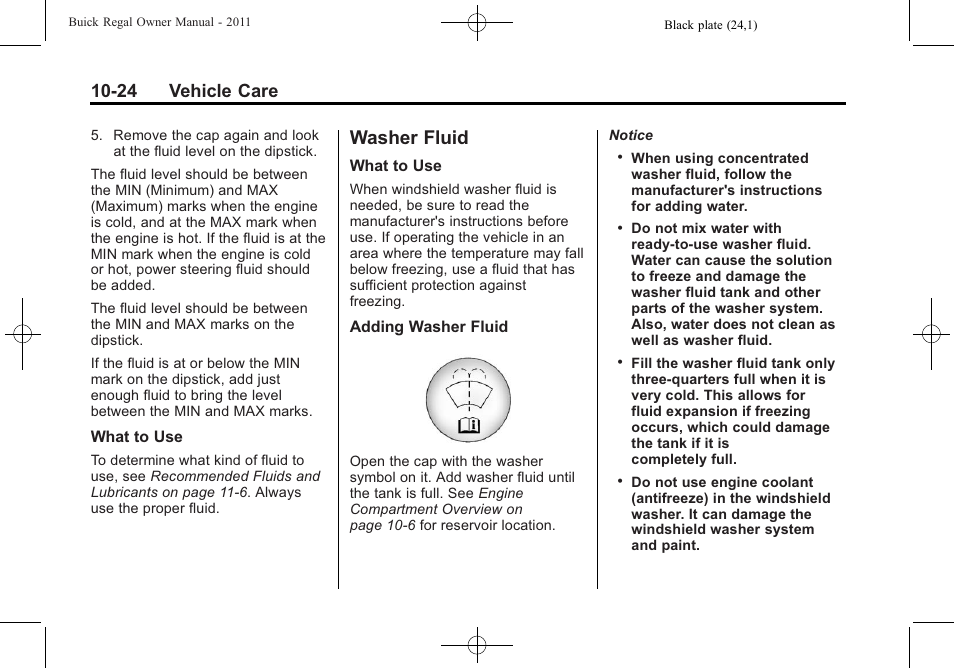 Washer fluid, Washer fluid -24, 24 vehicle care | Buick REGAL 2011 User Manual | Page 264 / 368