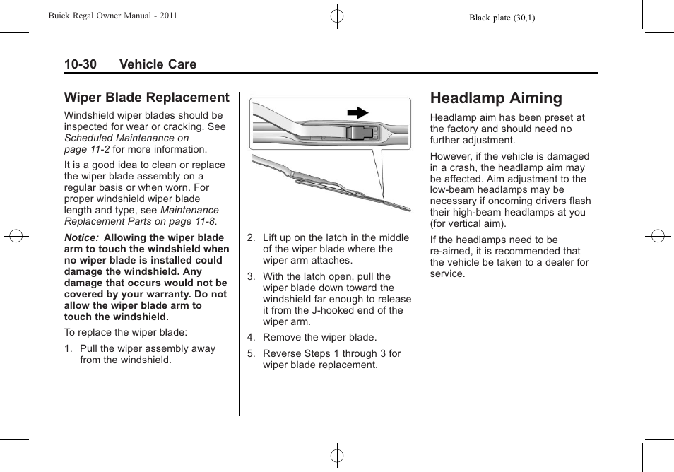 Wiper blade replacement, Headlamp aiming, Aiming -30 | Replacement -30, Headlamp aiming -30 | Buick REGAL 2011 User Manual | Page 270 / 368