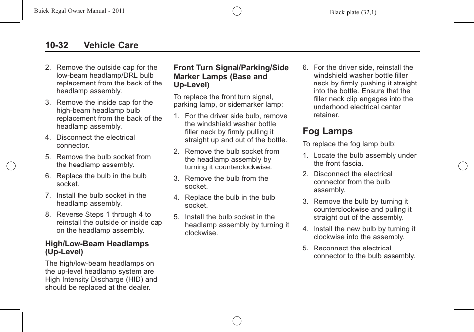 Fog lamps, Lamps -32, 32 vehicle care | Buick REGAL 2011 User Manual | Page 272 / 368
