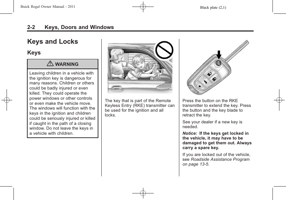 Keys and locks, Keys, Keys and locks -2 | Storage, Keys -2 | Buick REGAL 2011 User Manual | Page 28 / 368