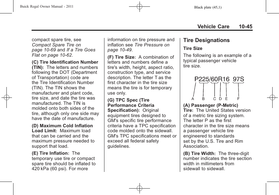 Tire designations, Tire designations -45 | Buick REGAL 2011 User Manual | Page 285 / 368