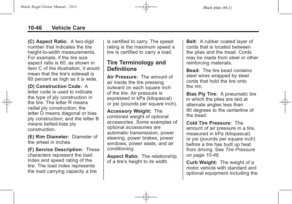 Tire terminology and definitions, Tire terminology and, Definitions -46 | Buick REGAL 2011 User Manual | Page 286 / 368
