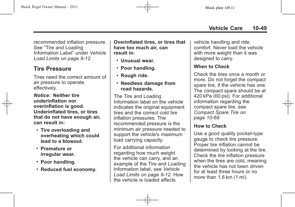 Tire pressure, Tire pressure -49, Vehicle care 10-49 | Buick REGAL 2011 User Manual | Page 289 / 368