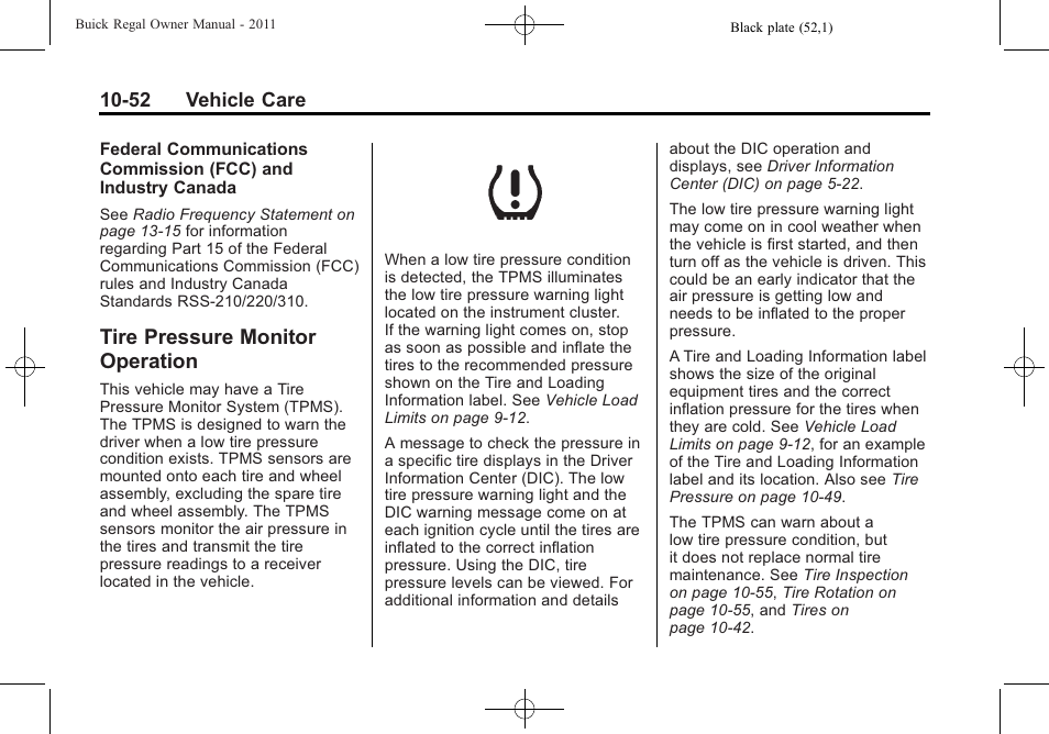 Tire pressure monitor operation, Tire pressure monitor, Operation -52 | Buick REGAL 2011 User Manual | Page 292 / 368