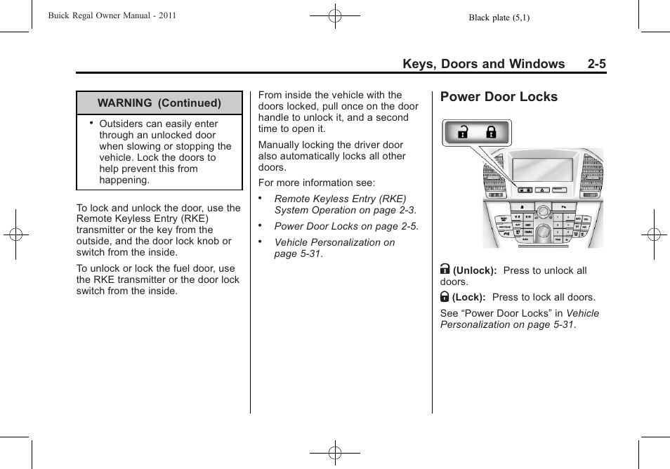 Power door locks, Power door locks -5, Power door locks k | Keys, doors and windows 2-5 | Buick REGAL 2011 User Manual | Page 31 / 368