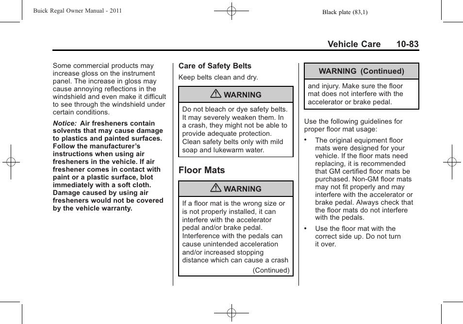 Floor mats, Floor mats -83 | Buick REGAL 2011 User Manual | Page 323 / 368