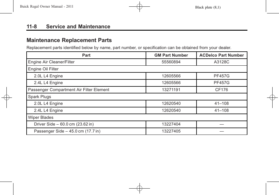 Maintenance replacement parts, Maintenance replacement, Parts -8 | 8 service and maintenance | Buick REGAL 2011 User Manual | Page 332 / 368