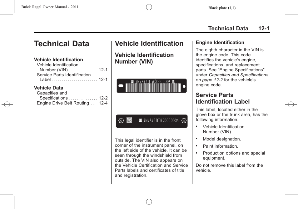 Technical data, Vehicle identification, Vehicle identification number (vin) | Service parts identification label, Echnical data -1, Technical data 12-1 | Buick REGAL 2011 User Manual | Page 337 / 368