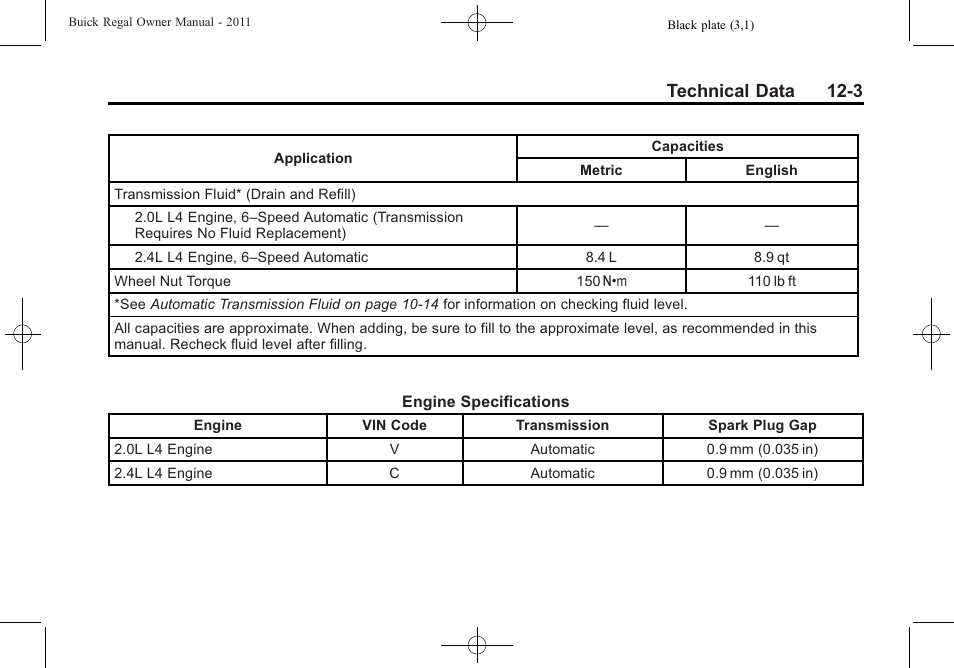 Technical data 12-3 | Buick REGAL 2011 User Manual | Page 339 / 368