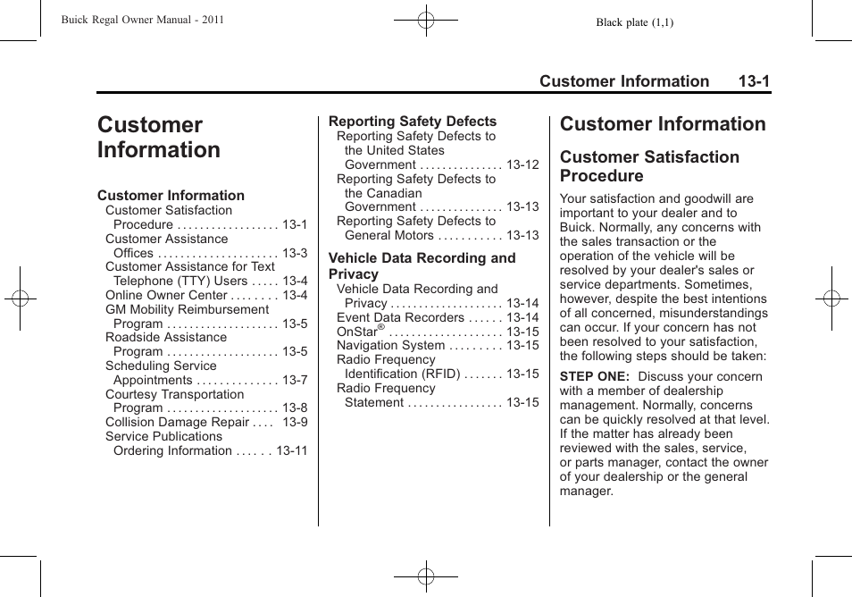 Customer information, Customer satisfaction procedure, Customer information -1 | Buick REGAL 2011 User Manual | Page 341 / 368
