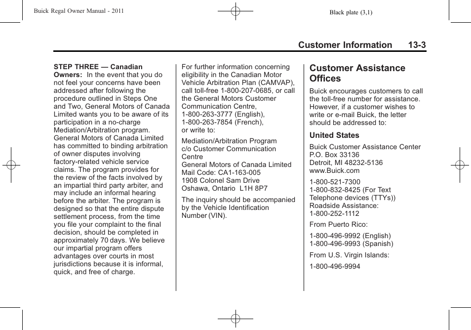 Customer assistance offices, Customer assistance, Offices -3 | Vehicle | Buick REGAL 2011 User Manual | Page 343 / 368