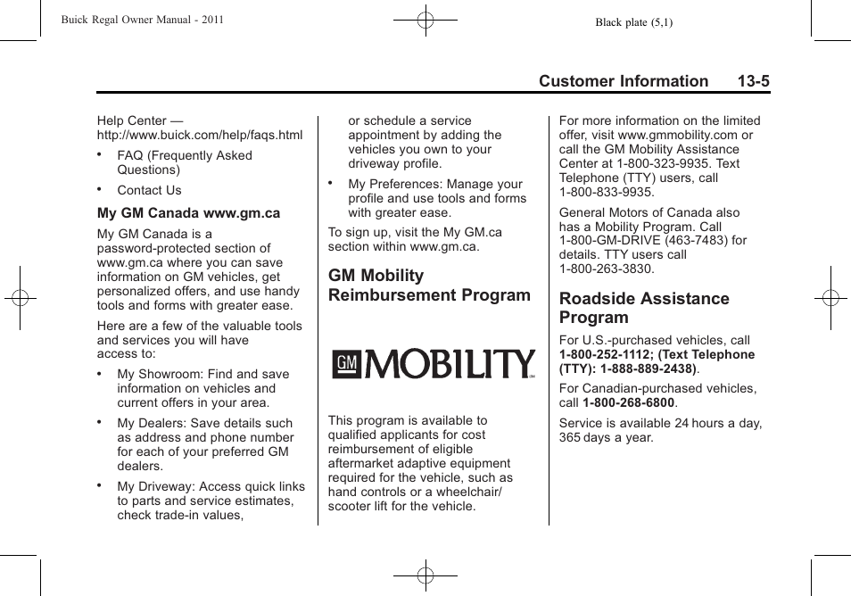 Gm mobility reimbursement program, Roadside assistance program, Gm mobility reimbursement | Program -5, Roadside assistance, Navigation, Customer information 13-5 | Buick REGAL 2011 User Manual | Page 345 / 368