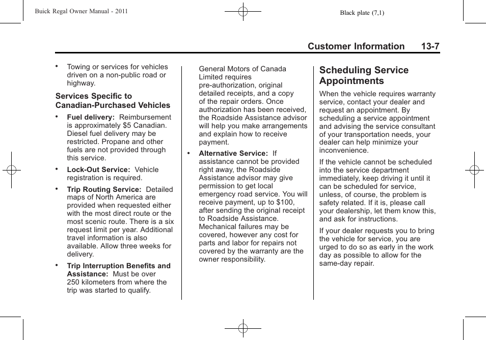 Scheduling service appointments, Scheduling service, Appointments -7 | Customer information 13-7 | Buick REGAL 2011 User Manual | Page 347 / 368