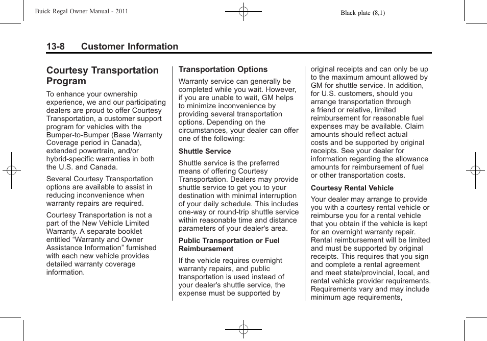 Courtesy transportation program, Courtesy transportation, Program -8 | Buick REGAL 2011 User Manual | Page 348 / 368