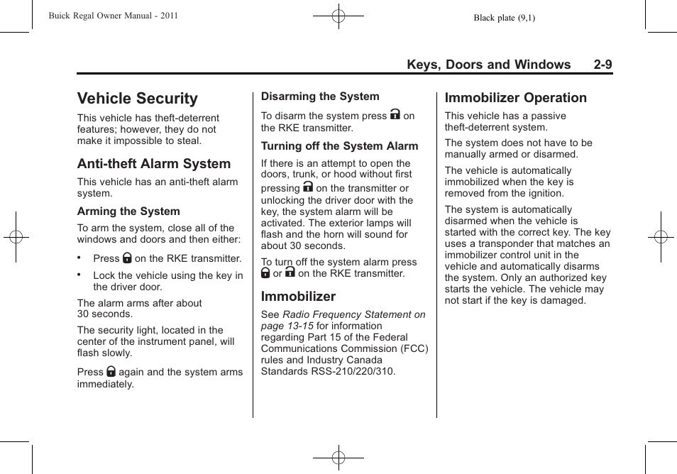 Vehicle security, Anti-theft alarm system, Immobilizer | Immobilizer operation, Vehicle security -9, Additional storage, Windows | Buick REGAL 2011 User Manual | Page 35 / 368