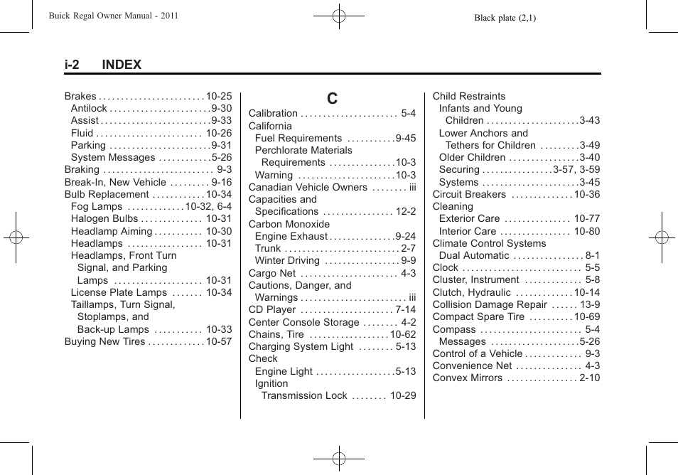 Index_c, I-2 index | Buick REGAL 2011 User Manual | Page 358 / 368