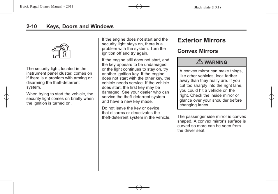 Exterior mirrors, Convex mirrors, Exterior mirrors -10 | Convex mirrors -10 | Buick REGAL 2011 User Manual | Page 36 / 368