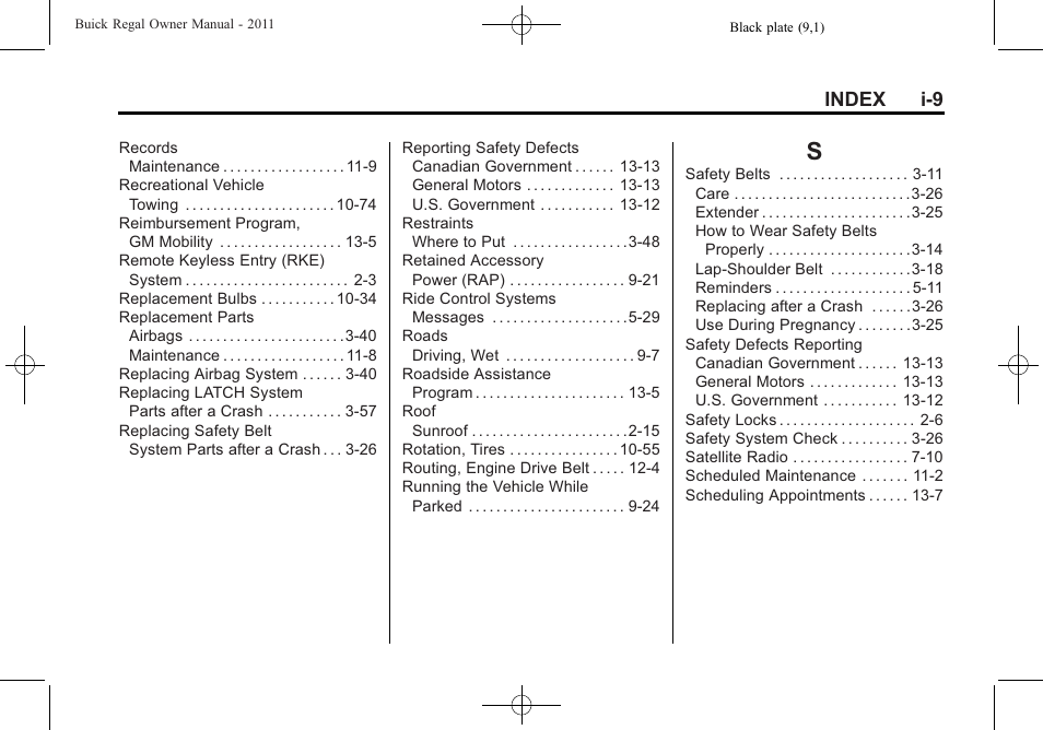 Index_s, Index i-9 | Buick REGAL 2011 User Manual | Page 365 / 368