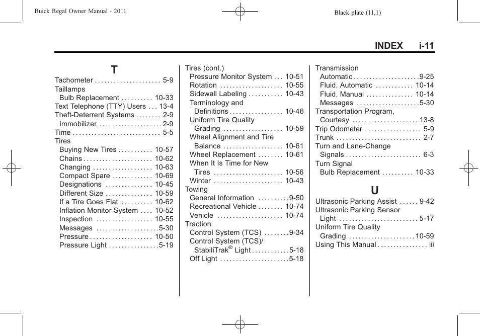 Index_t, Index_u, Index i-11 | Buick REGAL 2011 User Manual | Page 367 / 368