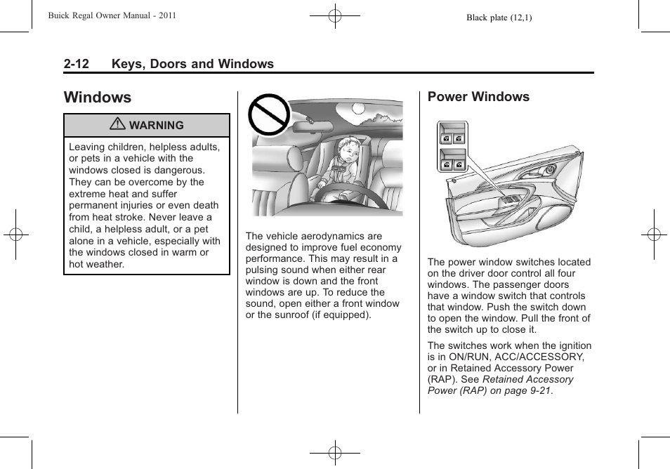 Windows, Power windows, Windows -12 | 12 power windows -12 | Buick REGAL 2011 User Manual | Page 38 / 368