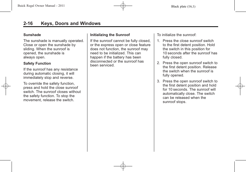16 keys, doors and windows | Buick REGAL 2011 User Manual | Page 42 / 368