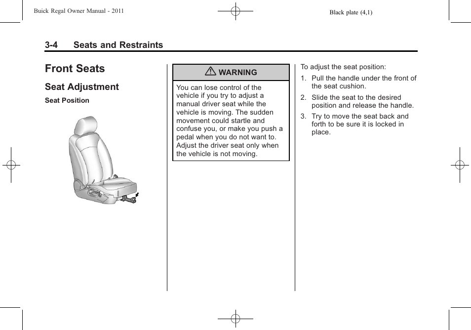 Front seats, Seat adjustment, Lighting | Seat adjustment -4 | Buick REGAL 2011 User Manual | Page 46 / 368