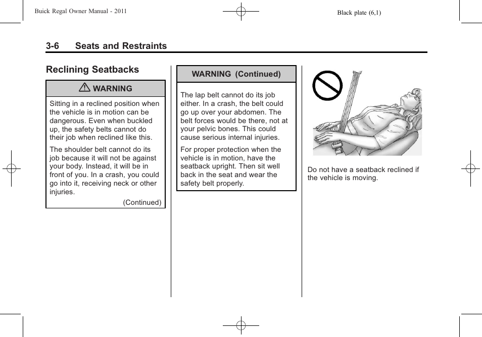 Reclining seatbacks, Reclining seatbacks -6 | Buick REGAL 2011 User Manual | Page 48 / 368