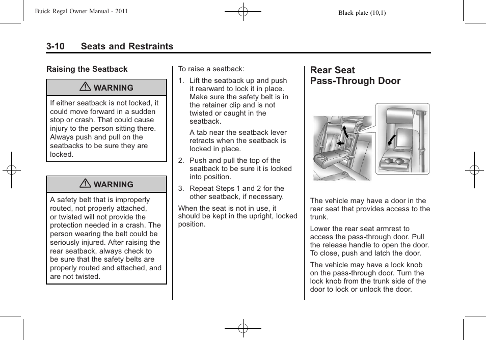 Rear seat pass-through door, Rear seat, Pass-through door -10 | Buick REGAL 2011 User Manual | Page 52 / 368