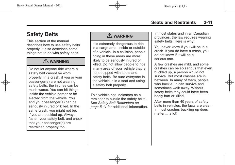 Safety belts, Safety belts -11 | Buick REGAL 2011 User Manual | Page 53 / 368