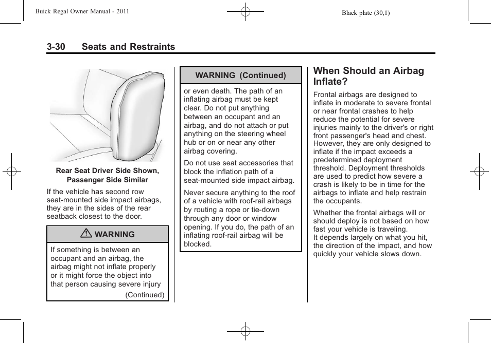 When should an airbag inflate, Should an airbag, Inflate? -30 | Buick REGAL 2011 User Manual | Page 72 / 368