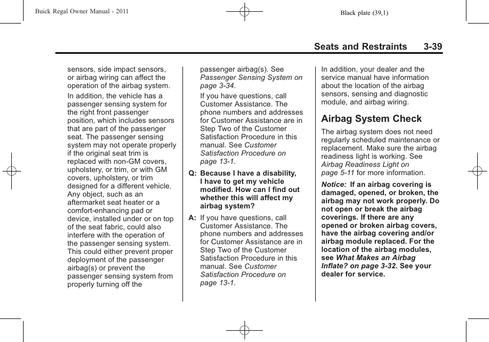 Airbag system check, Airbag system check -39 | Buick REGAL 2011 User Manual | Page 81 / 368