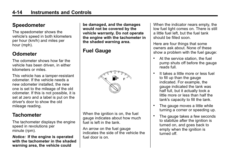 Speedometer, Odometer, Tachometer | Fuel gauge, 14 instruments and controls | Buick 2010 Lacrosse User Manual | Page 102 / 420