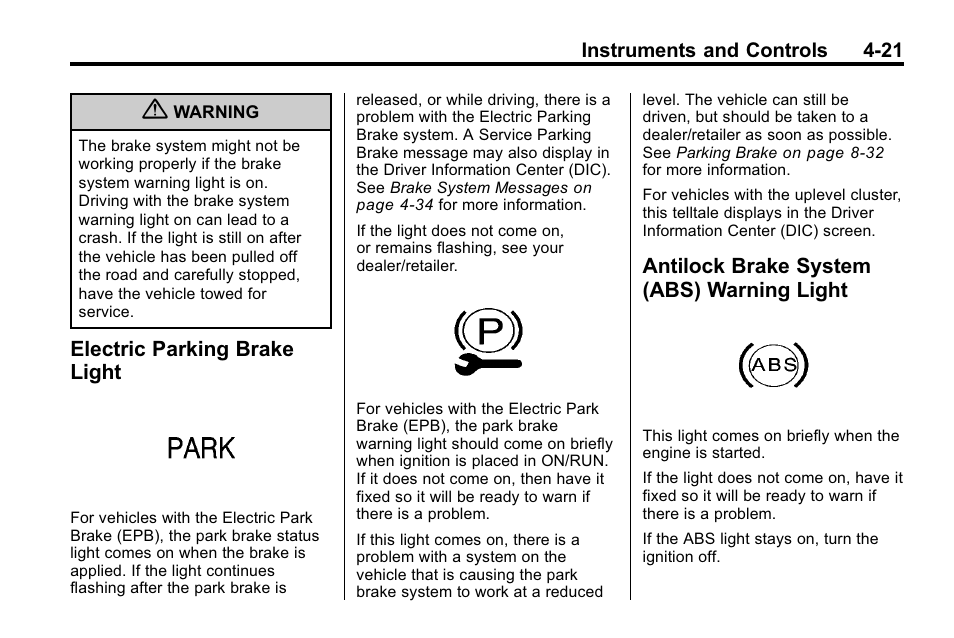 Electric parking brake light, Antilock brake system (abs) warning light, Electric parking brake | Light -21, Antilock brake system (abs), Warning light -21 | Buick 2010 Lacrosse User Manual | Page 109 / 420