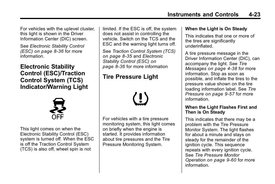 Tire pressure light, Electronic stability control, Ire pressure light -23 | Instruments and controls 4-23 | Buick 2010 Lacrosse User Manual | Page 111 / 420