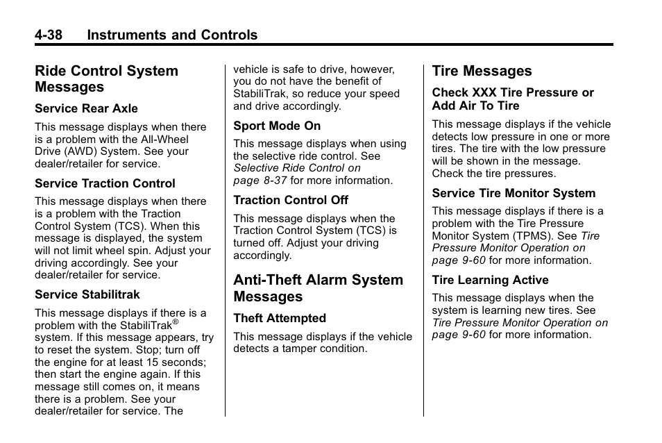 Ride control system messages, Anti-theft alarm system messages, Tire messages | Ride control system, Messages -38, Alarm system, Tire messages -38 | Buick 2010 Lacrosse User Manual | Page 126 / 420