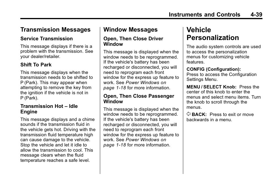 Transmission messages, Window messages, Vehicle personalization | Personalization -39, Starting and operating, Transmission messages -39 window messages -39 | Buick 2010 Lacrosse User Manual | Page 127 / 420