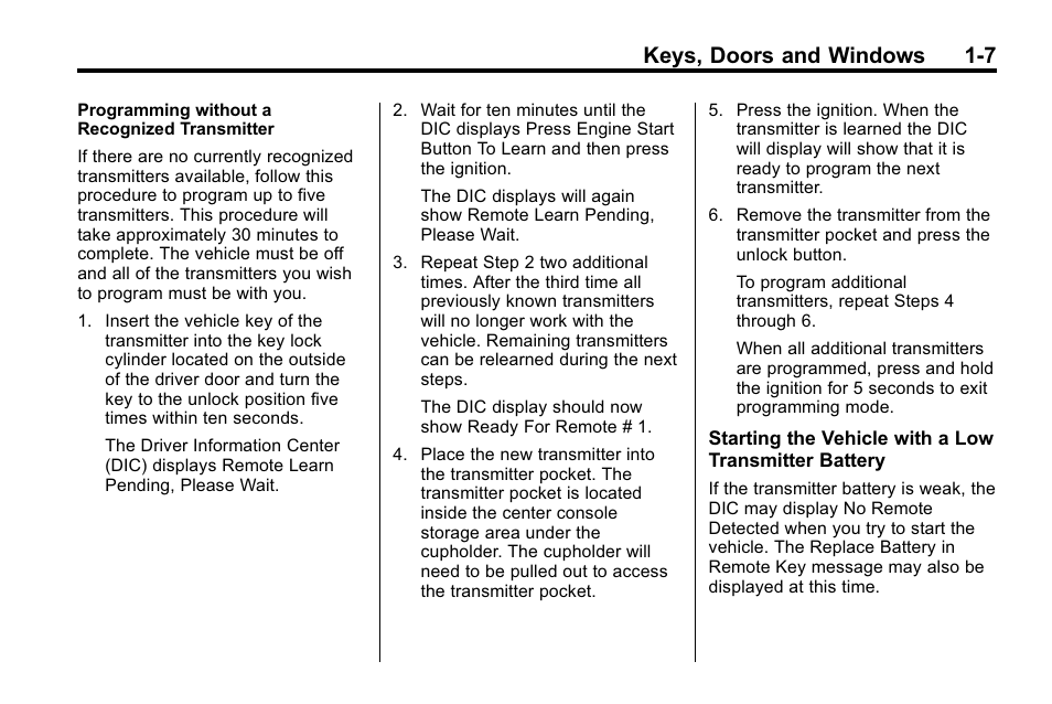 Keys, doors and windows 1-7 | Buick 2010 Lacrosse User Manual | Page 13 / 420