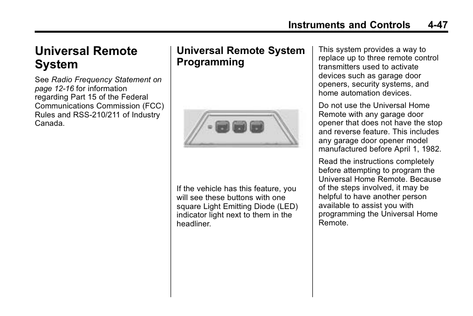 Universal remote system, Universal remote system programming, Universal remote system -47 | Remote system -47, Remote system, Programming -47 | Buick 2010 Lacrosse User Manual | Page 135 / 420