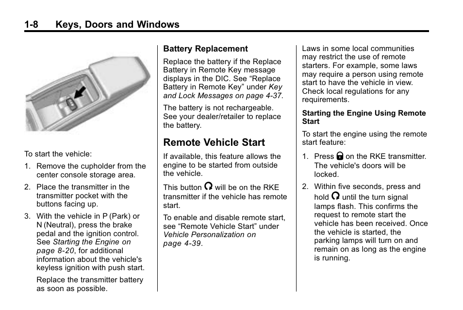 Remote vehicle start, Remote vehicle start -8, 8 keys, doors and windows | Buick 2010 Lacrosse User Manual | Page 14 / 420