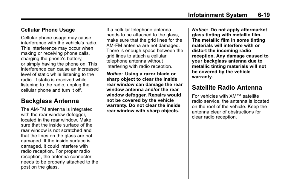Backglass antenna, Satellite radio antenna, Backglass antenna -19 satellite radio antenna -19 | Buick 2010 Lacrosse User Manual | Page 167 / 420