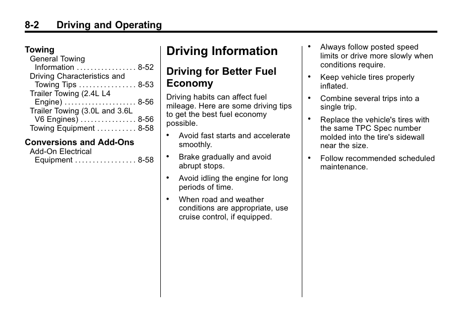 Driving information, Driving for better fuel economy, Driving information -2 | Driving for better fuel, Economy -2, 2 driving and operating | Buick 2010 Lacrosse User Manual | Page 226 / 420