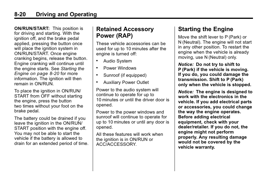 Retained accessory power (rap), Starting the engine, Retained accessory | Power (rap) -20, Starting the engine -20, 20 driving and operating | Buick 2010 Lacrosse User Manual | Page 244 / 420