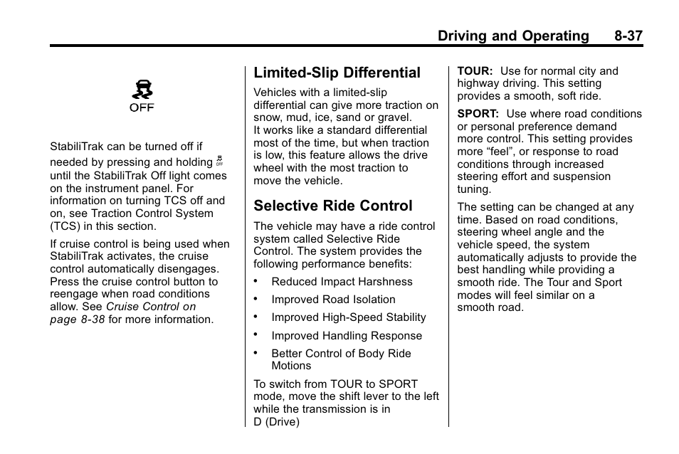 Limited-slip differential, Selective ride control, Driving and operating 8-37 | Buick 2010 Lacrosse User Manual | Page 261 / 420