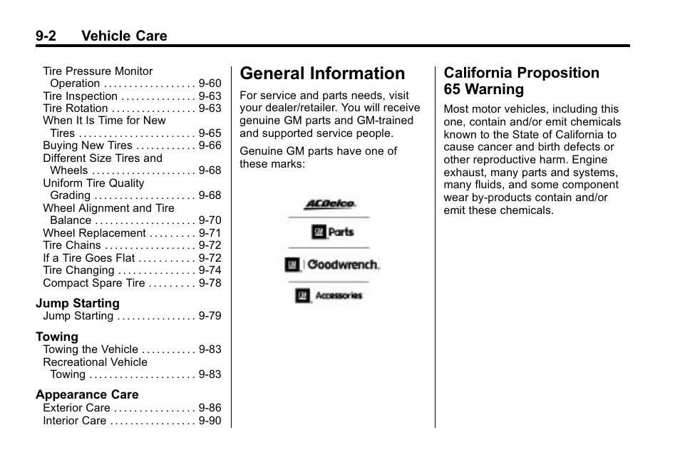 General information, California proposition 65 warning, General information -2 california proposition | 65 warning -2, 2 vehicle care | Buick 2010 Lacrosse User Manual | Page 284 / 420