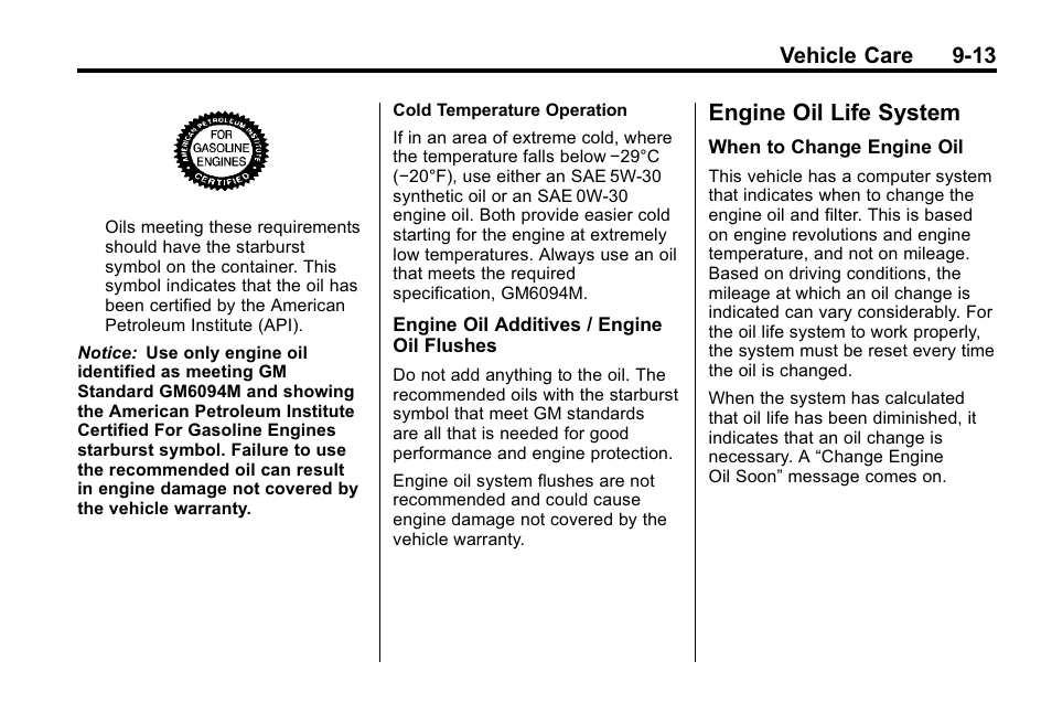 Engine oil life system, Engine oil life system -13, Bulb | Vehicle care 9-13 | Buick 2010 Lacrosse User Manual | Page 295 / 420