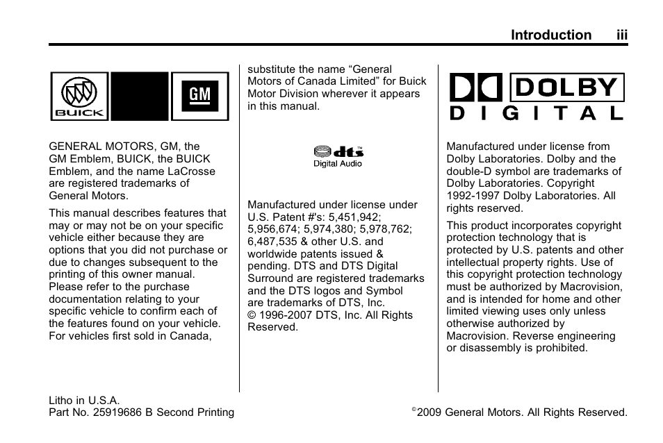 Introduction, Introduction iii | Buick 2010 Lacrosse User Manual | Page 3 / 420