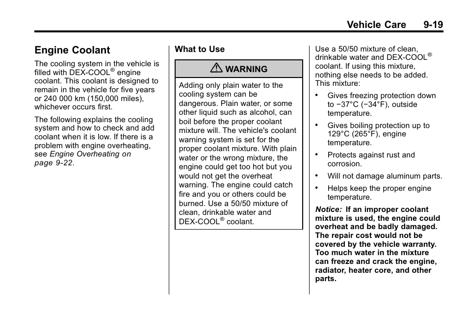 Engine coolant, Engine coolant -19, Headlamps | Vehicle care 9-19 | Buick 2010 Lacrosse User Manual | Page 301 / 420