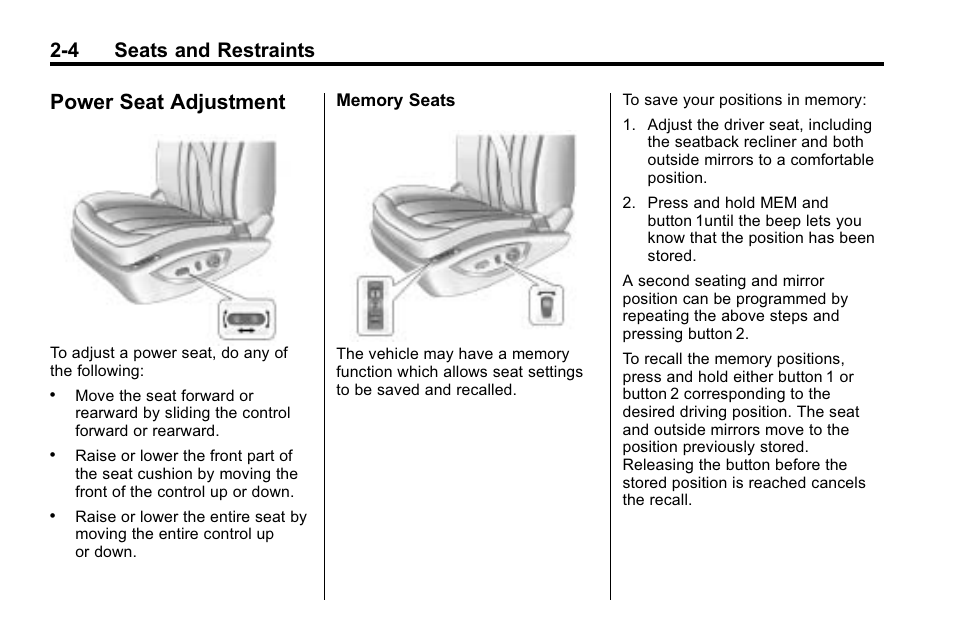 Power seat adjustment, Power seat adjustment -4, What | 4 seats and restraints | Buick 2010 Lacrosse User Manual | Page 32 / 420