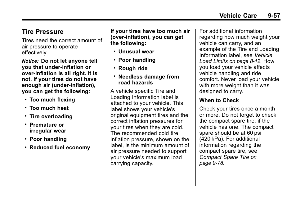 Tire pressure, Tire pressure -57, Vehicle care 9-57 | Buick 2010 Lacrosse User Manual | Page 339 / 420