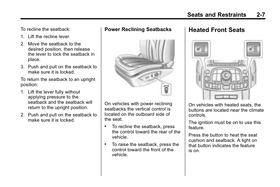 Heated front seats, Heated front seats -7, Seats and restraints 2-7 | Buick 2010 Lacrosse User Manual | Page 35 / 420